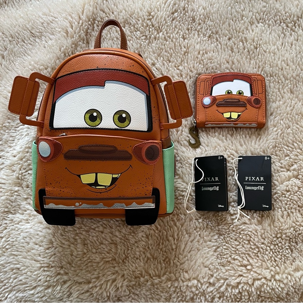 Loungefly Cars Tow Mater Backpack and Wallet